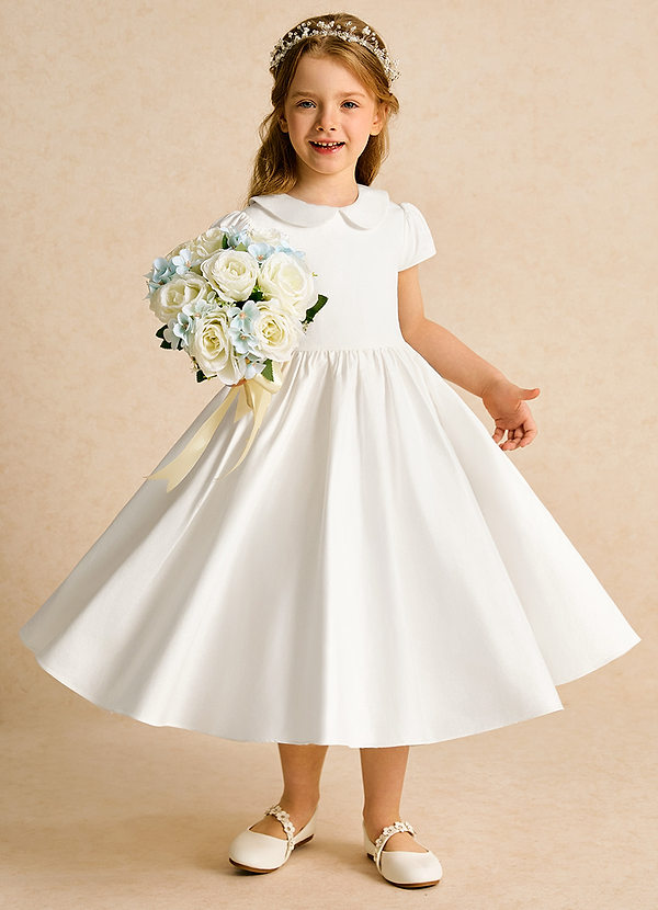 Azazie Deary Flower Girl Dresses Ivory Burgundy A-Line Bow Cotton Dress image1