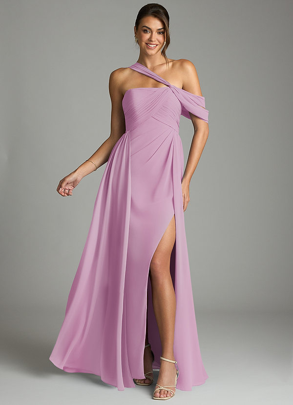 Azazie Kassandra Bridesmaid Dresses Candy Pink A-Line Off the Shoulder Chiffon Dress image1