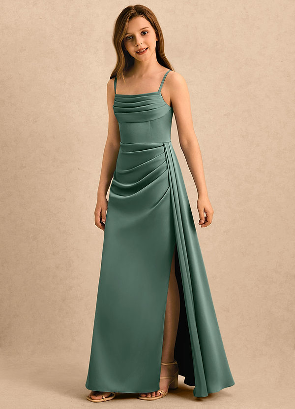 Azazie Shyla Girls Formal Sukienki dla dziewczynek sypiących kwiaty Osłona Pofałdowany Satyna elastyczna Długość podłogi Sukienka image1