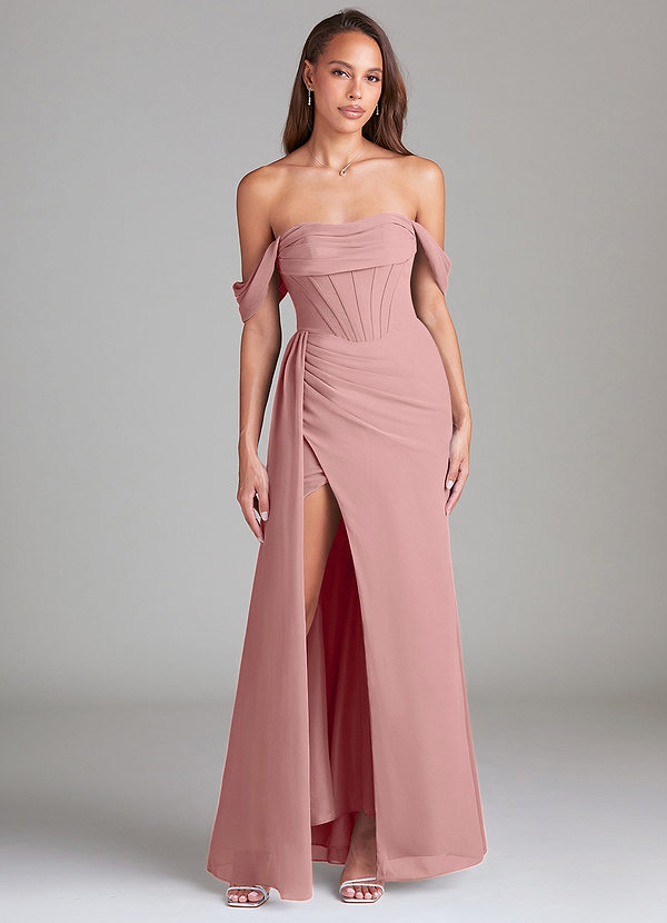 Azazie Amyra Bridesmaid Dresses Dusty Rose Sheath Off the Shoulder Chiffon Convertible Dress image1
