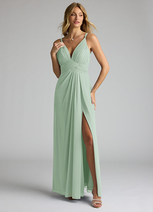 Azazie Maren Allure Bridesmaid Dresses Agave A-Line V-Neck Lace Chiffon Dress image1