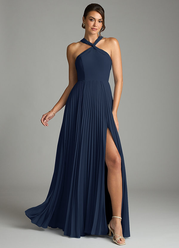 Azazie Afra Abiti da Damigella Abito A-Line in Chiffon Plissettato Marino Scuro image1