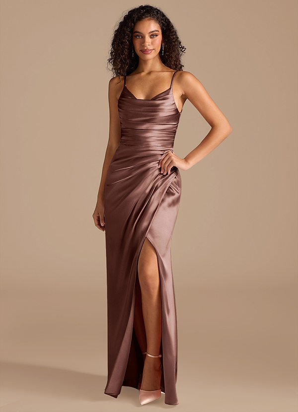 Azazie Deandra Bridesmaid Dresses Espresso Mermaid Pleated Metallic Satin Dress image1