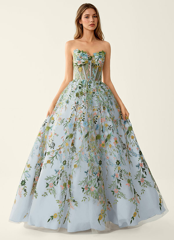 Vespermen Bleu Ciel Robe de bal brodée de fleurs colorées image1
