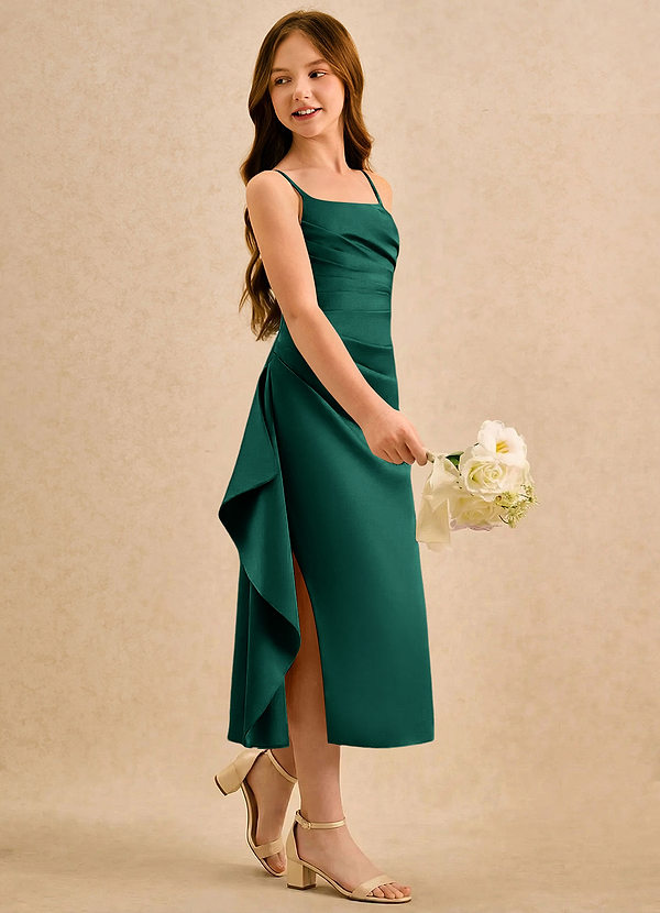 Azazie Canna Girls Formal Sukienki dla dziewczynek sypiących kwiaty Linia A Pofałdowany Satyna elastyczna Długość herbaty Sukienka image1