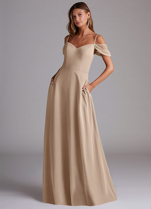 Azazie Marley Bridesmaid Dresses Taupe A-Line Off the Shoulder Chiffon Convertible Dress image1