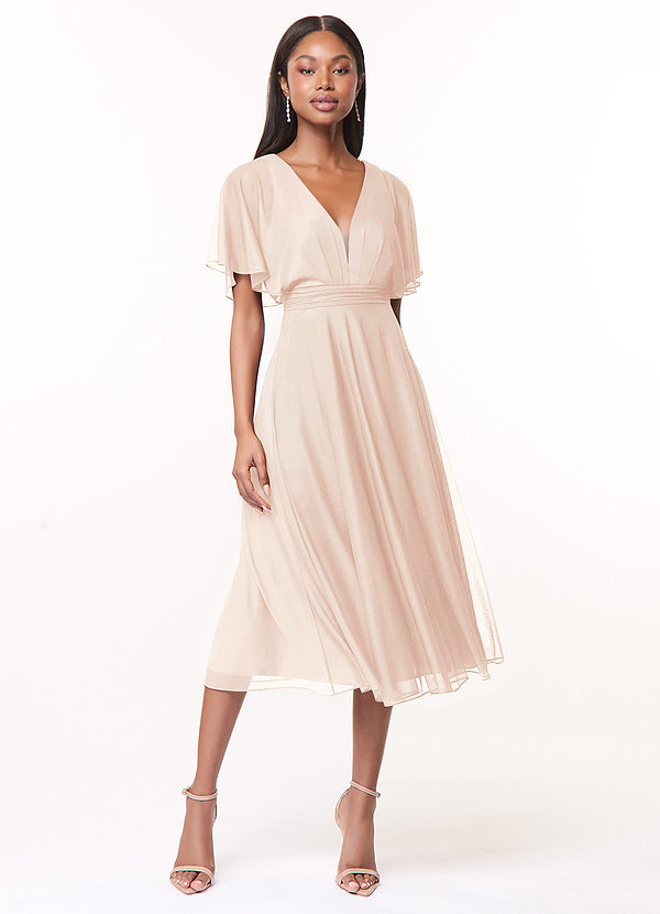 Azazie Tinsley Bridesmaid Dresses Blushing Pink A-Line Pleated Mesh Dress image1