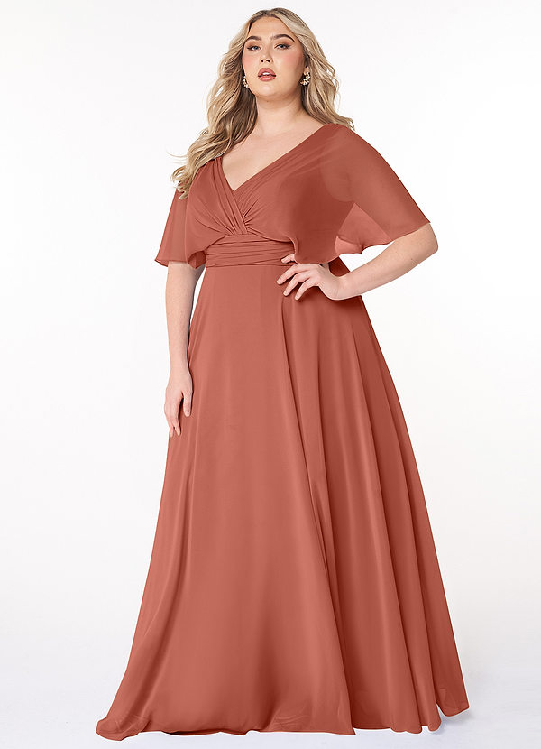 Azazie Pamela Bridesmaid Dresses Clay A-Line V-Neck Pleated Chiffon Dress image1