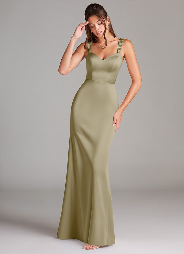 Azazie Denice Bridesmaid Dresses Moss Green Sheath Pleated Stretch Satin Dress image1
