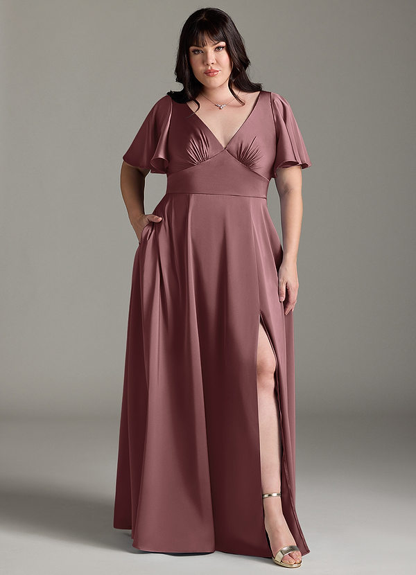 Azazie Kimber Bridesmaid Dresses Vintage Mauve A-Line Ruched Stretch Satin Dress image1