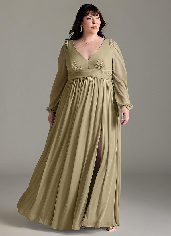 Azazie Norah Bridesmaid Dresses Moss Green A-Line V-Neck Long Sleeve Chiffon Dress image1