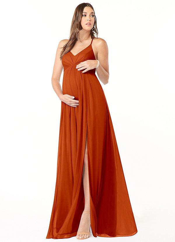 Azazie Annabelle Maternity Bridesmaid Dresses A-Line V-Neck Pleated Mesh Floor-Length Dress image1