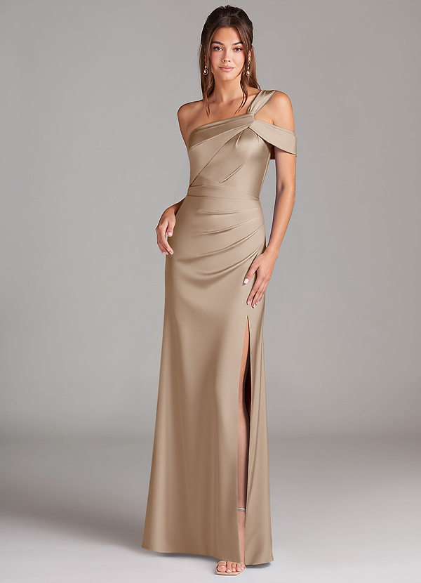 Azazie Wynter Bridesmaid Dresses Taupe Sheath Off the Shoulder Stretch Satin Dress image1