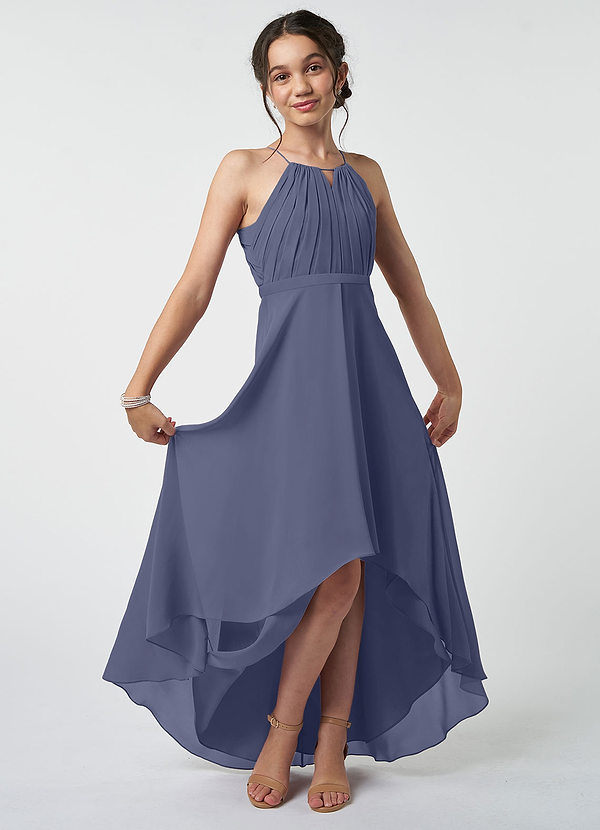 Azazie Oaklynn Junior Robe Trapèze en Mousseline de soie Plissée Bleu Orageux image1