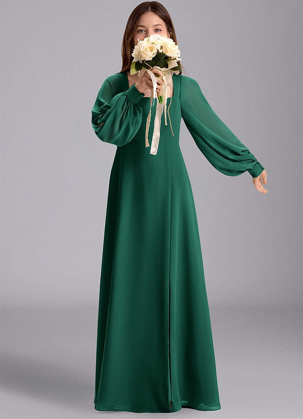 Azazie Bondi Junior Vestido de Esmeralda de Gasa de Corte en A con Blusón image1