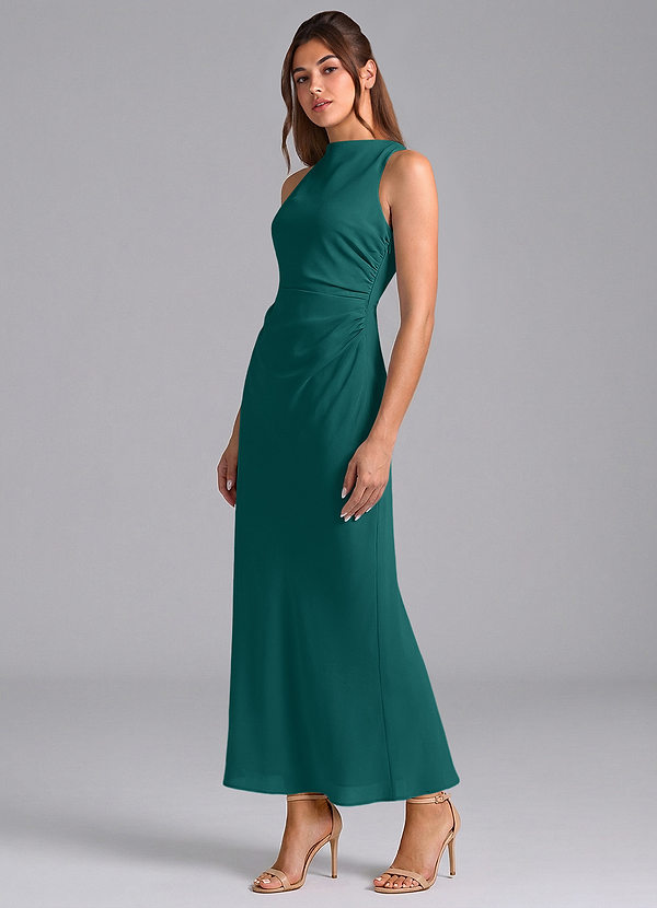 Azazie Evadne Bridesmaid Dresses Peacock Sheath Pleated Chiffon Dress image1