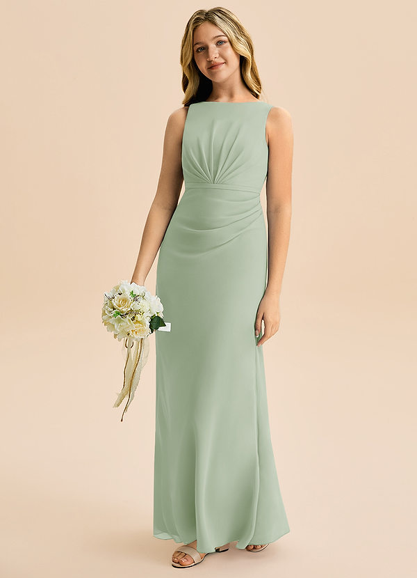 Azazie Floris Junior Robe Trapèze en Mousseline de soie Plissée Vert Sauge image1