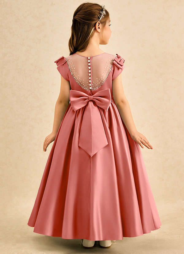 Azazie Toffee Abiti da Damigella Bambina Abito Stile Principessa in Raso Opaco Fiocco Salmone Rosa image1