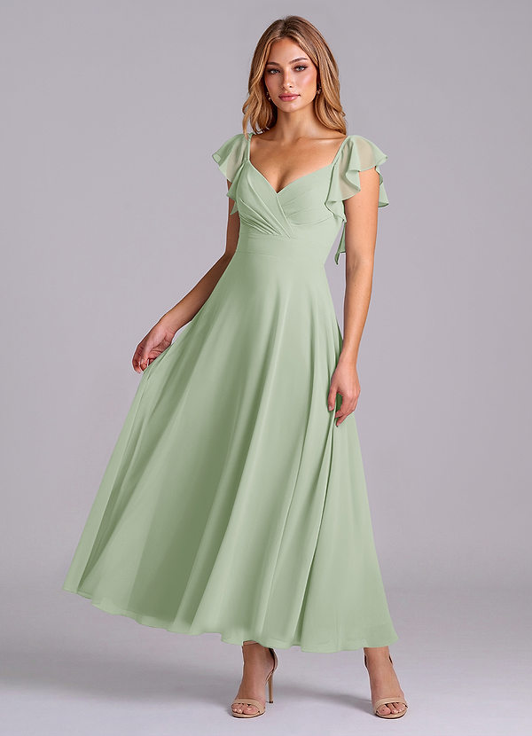 Azazie Leilani Robes Demoiselle d'honneur Robe Trapèze en Mousseline de soie Rayé Vert Sauge image1