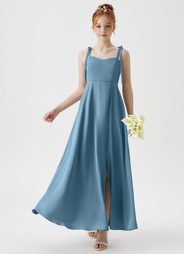 Azazie Rosey Junior Robe Trapèze en Satin extensible Encolure en Forme de Cœur Acier Bleuté image1