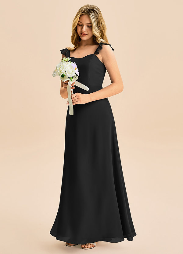 Azazie Mavie Junior A-Line Ruchede Chiffon Gulv-længde Junior brudepige Kjole image1