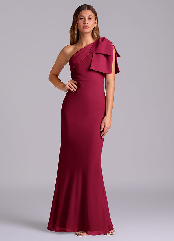 Azazie Yuanna Bridesmaid Dresses Burgundy Mermaid One Shoulder Chiffon Dress image1