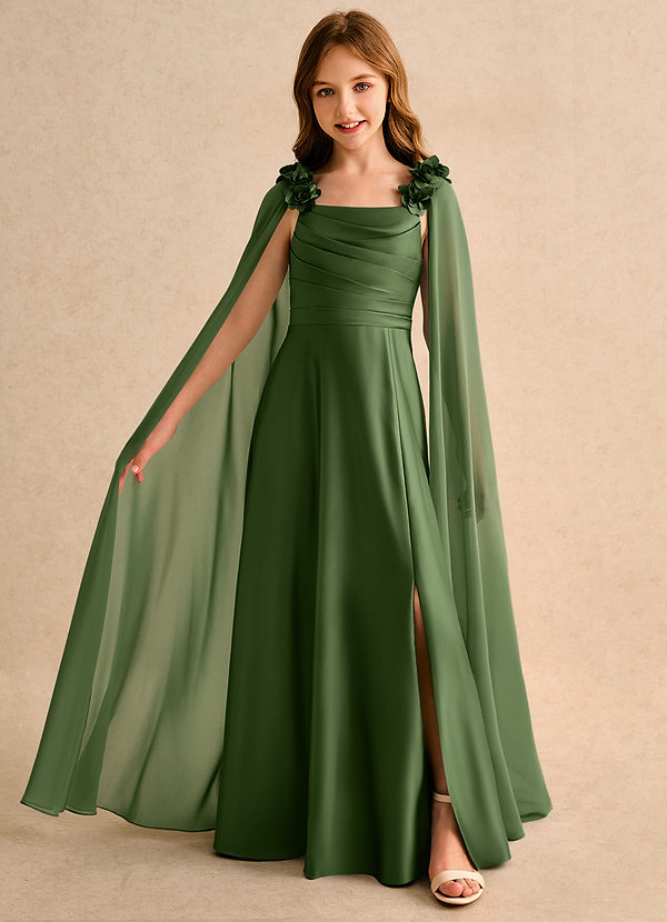 Azazie Rosita Girls Formal Sukienki dla dziewczynek sypiących kwiaty Linia A Pofałdowany Matowy satynowy Długość podłogi Sukienka image1