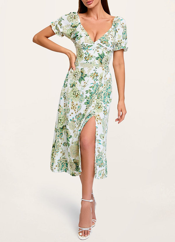 front Heat Wave Babe Green Floral Print Puff Sleeve Midi Dress