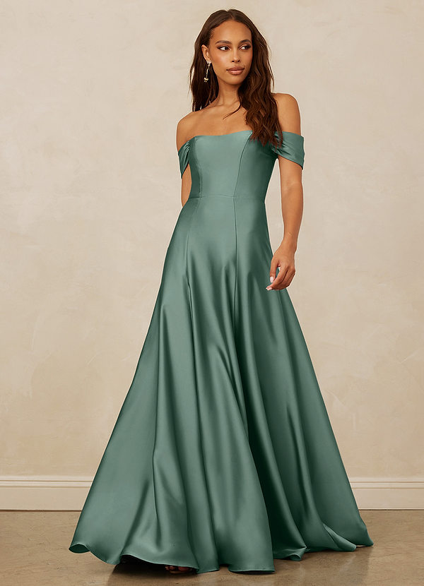 Christian Siriano Bridal for Azazie 1002 Bridesmaid Dresses Eucalyptus A-Line Off the Shoulder Stretch Satin Convertible Dress image1