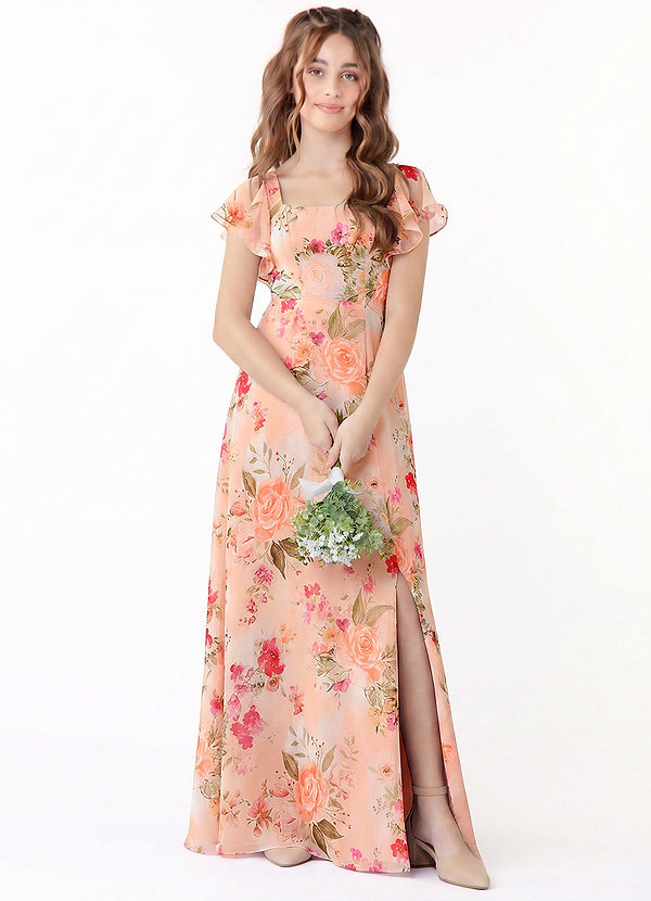 Azazie Bondi Junior Abito A-Line in Chiffon Fiocco Abstract Bouquet Floral image1