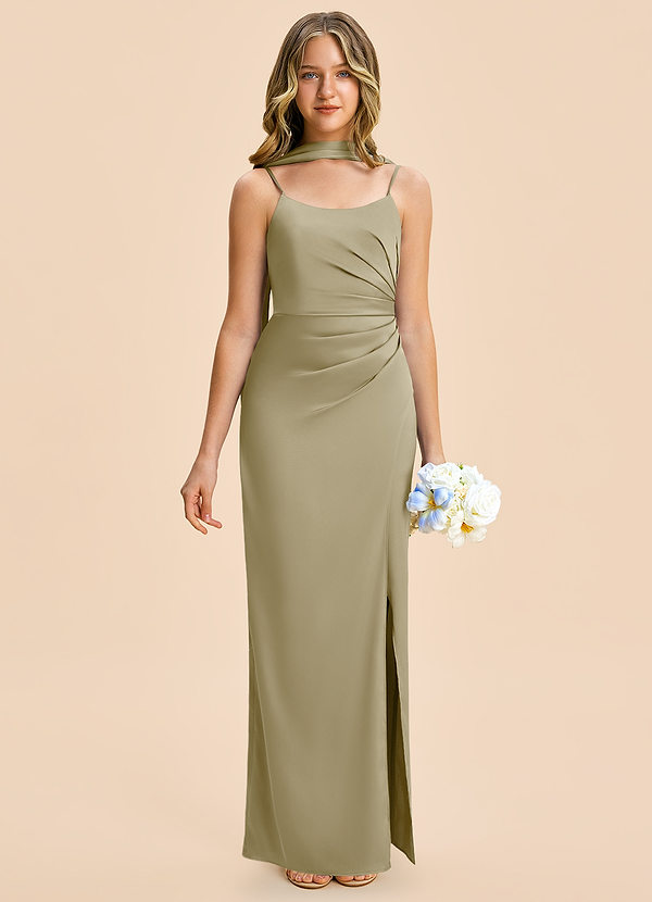 Azazie Calandra Junior Moss Green Sheath Pleated Stretch Satin Dress image1