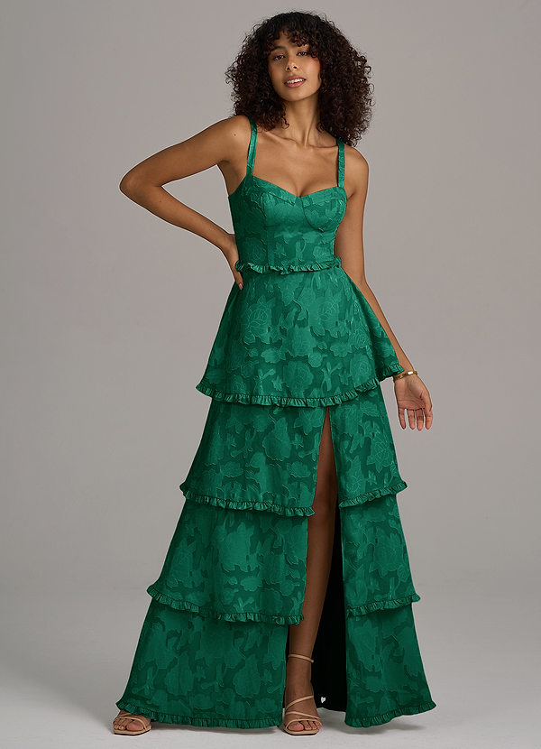 Azazie Romie Bridesmaid Dresses Emerald A-Line Corset Floral Burnout Dress image1