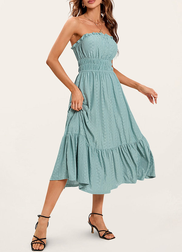 front Sunny Day Stunner Dusty Sage Eyelet Embroidered Strapless Midi Dress