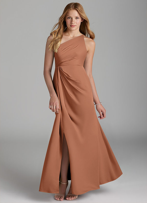 Azazie Mika Junior Robe Trapèze en Satin extensible Plissée Bronze image1