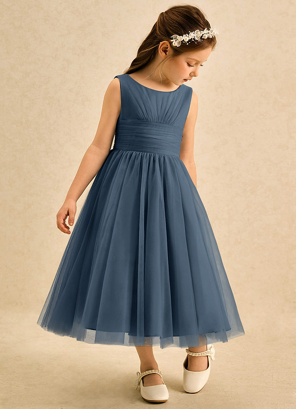 Azazie Macaron Bloemenmeisjes Jurken A-Lijn Jurk van Tule Geplooid Neptunus image1