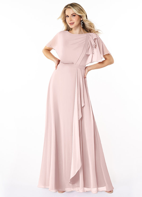 Azazie Aaliyah Modest Bridesmaid Dresses A-Line Scoop Pleated Chiffon Floor-Length Dress image1