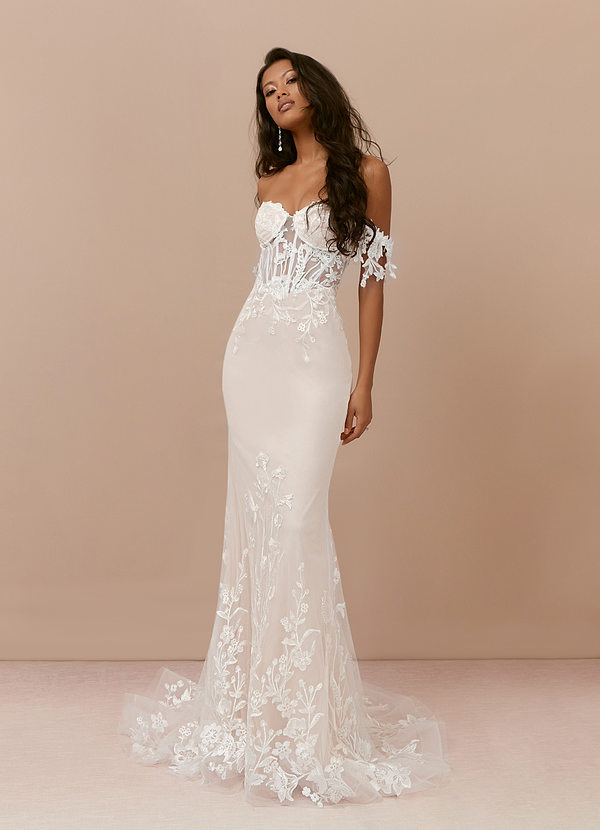 Azazie Evergarden Wedding Dresses Diamond White Rose Petal A-Line Sequins Tulle Dress image1