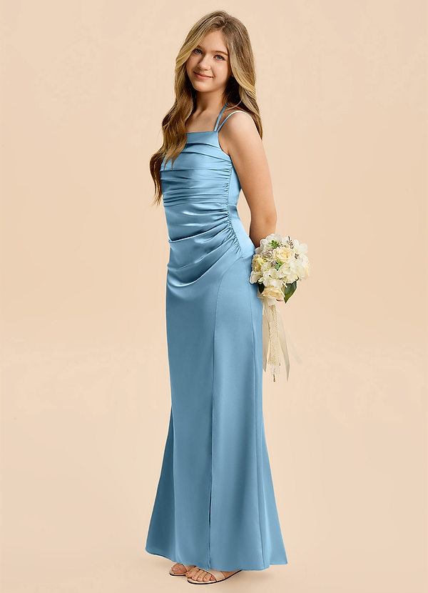 Azazie Nova Junior Steel Blue A-Line Pleated Stretch Satin Dress image1
