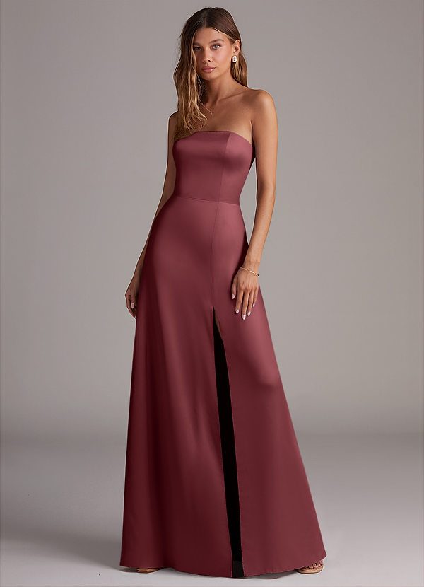 Azazie Wren Brudtärneklänningar Klä av A-Linje i Stretch Satin Axelbandslös Merlot Konvertibel image1