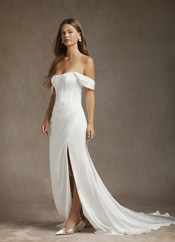 Azazie Aurelie Wedding Dresses Diamond White Mermaid Off the Shoulder Stretch Satin Dress image1
