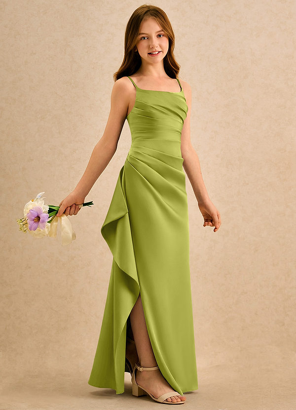 Azazie Cannoli Girls Formal Flower Girl Dresses Lemongrass A-Line Pleated Stretch Satin Dress image1
