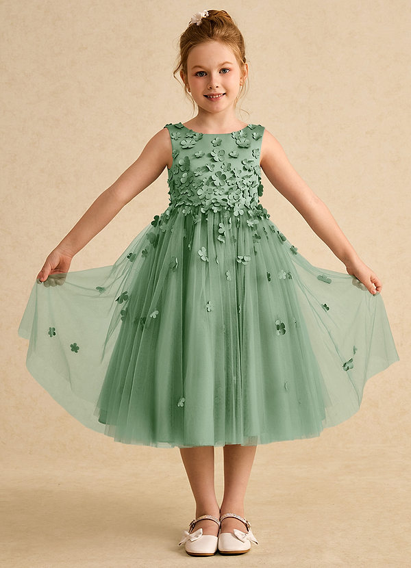 Azazie Lana Blumenkinder Kleider A-Linie ärmellos Matte Satin Kleid Matcha image1