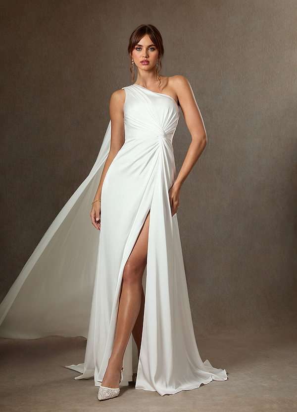 Azazie Tulisa Robe de Mariée Robe Trapèze en Satin extensible Ue épaule Blanc De Diamant image1