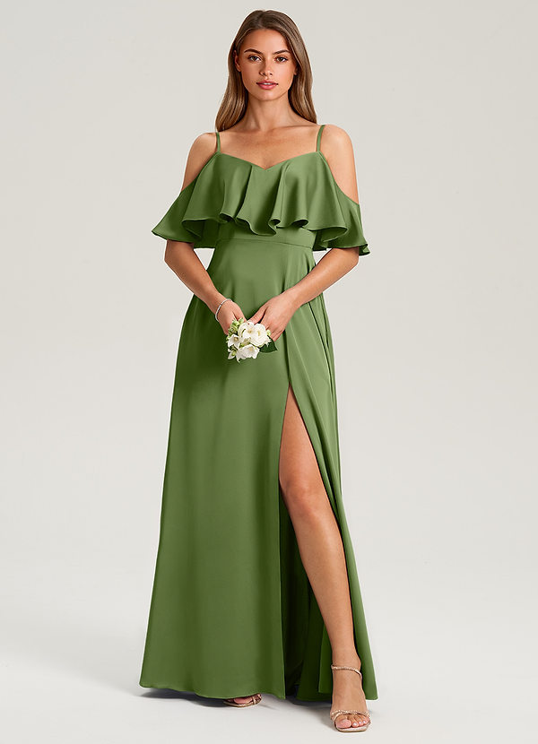 Azazie Jean Bridesmaid Dresses Juniper A-Line Off the Shoulder Stretch Satin Dress image1