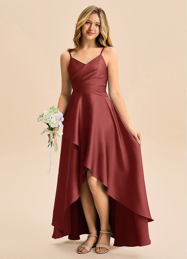 Azazie Eirlys Junior Robe Trapèze en Satin extensible Plissé Terracotta image1