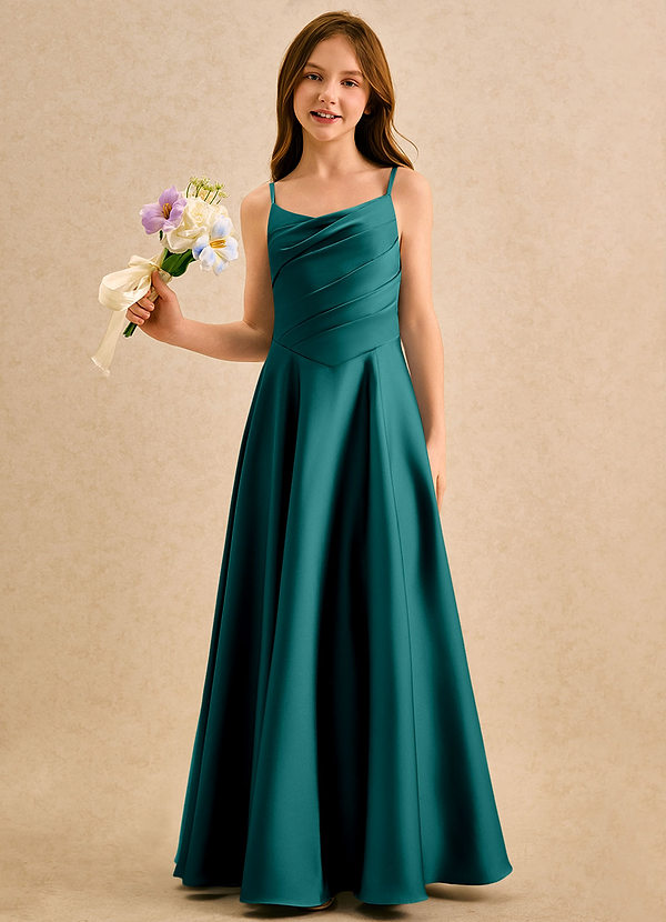 Azazie Coconut Girls Formal Flower Girl Dresses Peacock A-Line Pleated Stretch Satin Dress image1