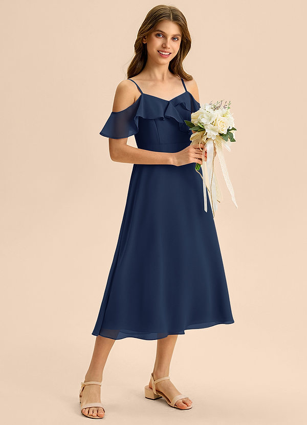 Azazie Kamilla Junior Jurk van Chiffon met A-Lijn Off the Shoulder Donkere Marine image1