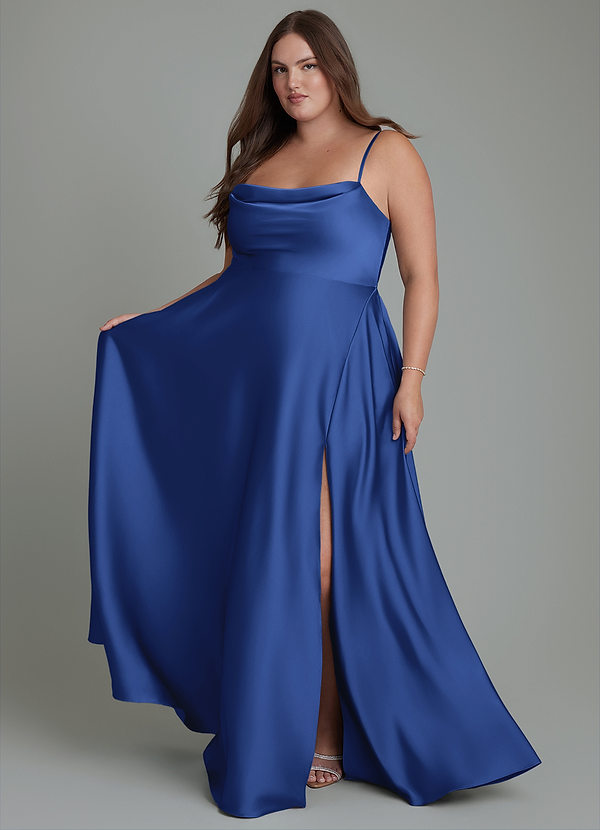 Azazie Elle Bridesmaid Dresses Royal Blue A-Line Pleated Stretch Satin Dress image1
