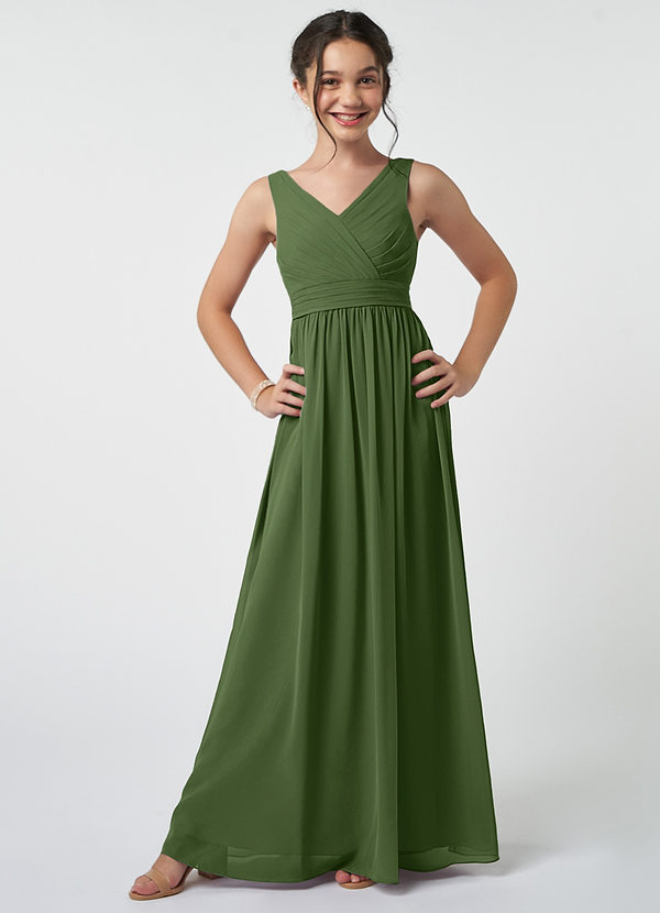 Azazie Kora Junior Olive A-Line Pleated Chiffon Dress image1