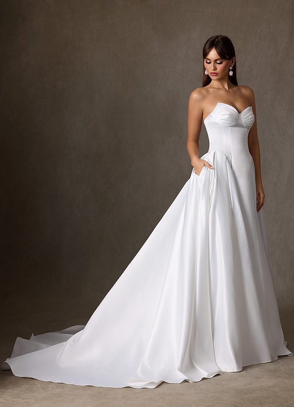 Azazie Constantina Robe de Mariée Robe Trapèze en Satin Sans bretelles Blanc De Diamant image1